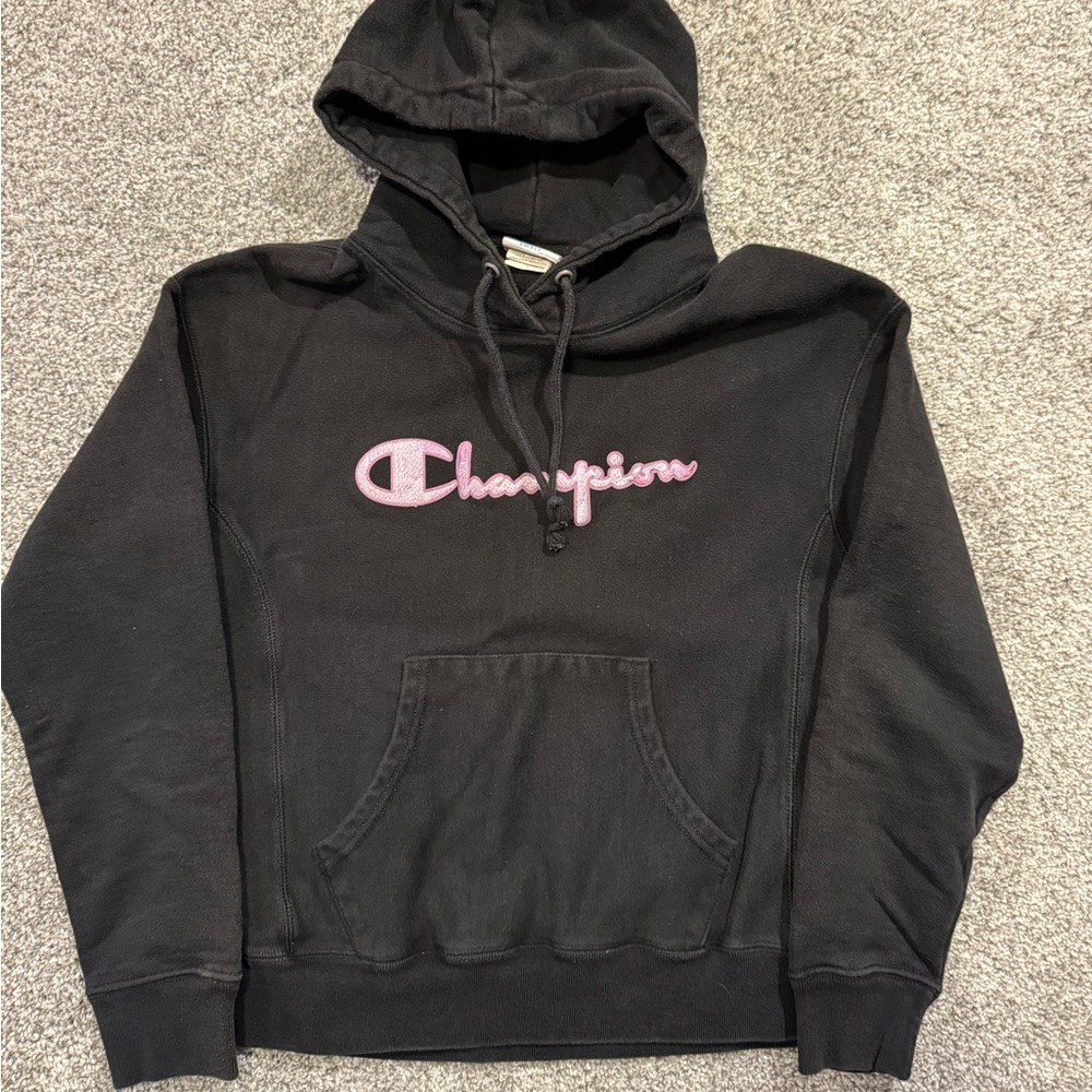 Champion‎ Reverse Weave Sweatshirt Mens Small Black Pullover Hoodie Spellout